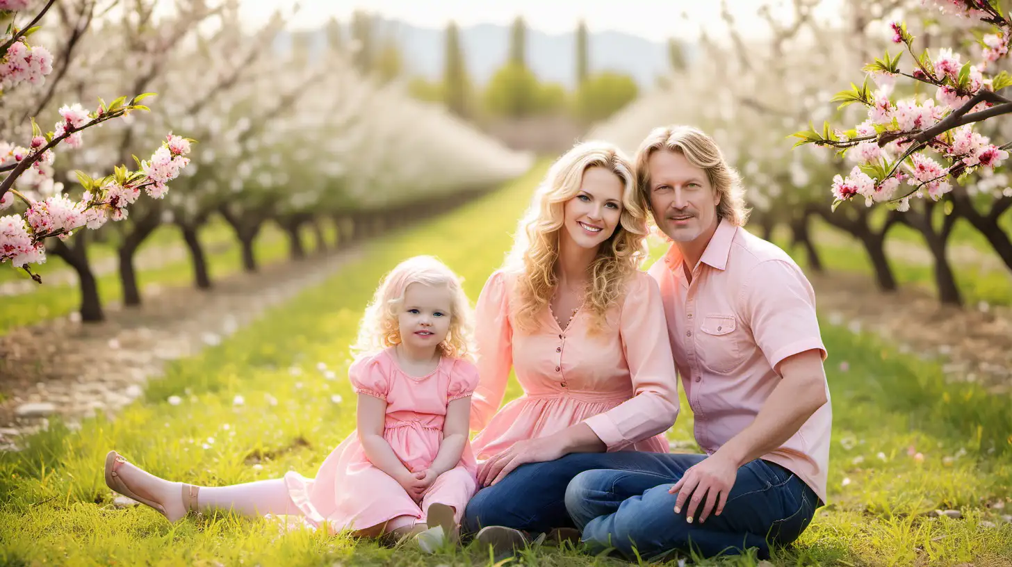 white family having a photo session in a peach blossom orchard. The family is twin toddler girls in pink and yellow dresses. They have blond curly long hair. The mom is a slender brunette with long wavy hair wearing jeans and a pink shirt. The father is a blond man with jeans and a yellow shirt. 

