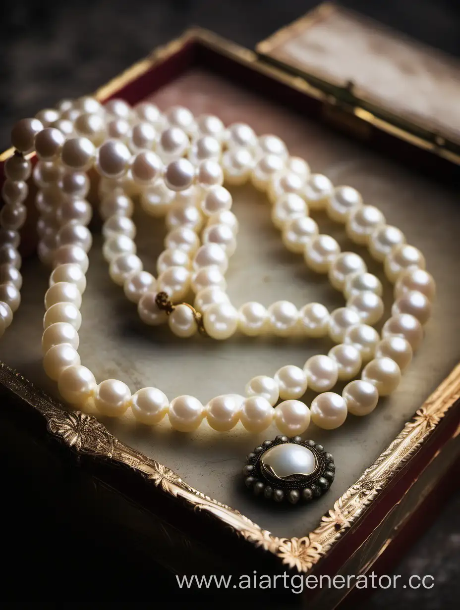 Elegant-Pearl-Necklace-Resting-Beside-Vintage-Table-and-Antique-Stone-Box