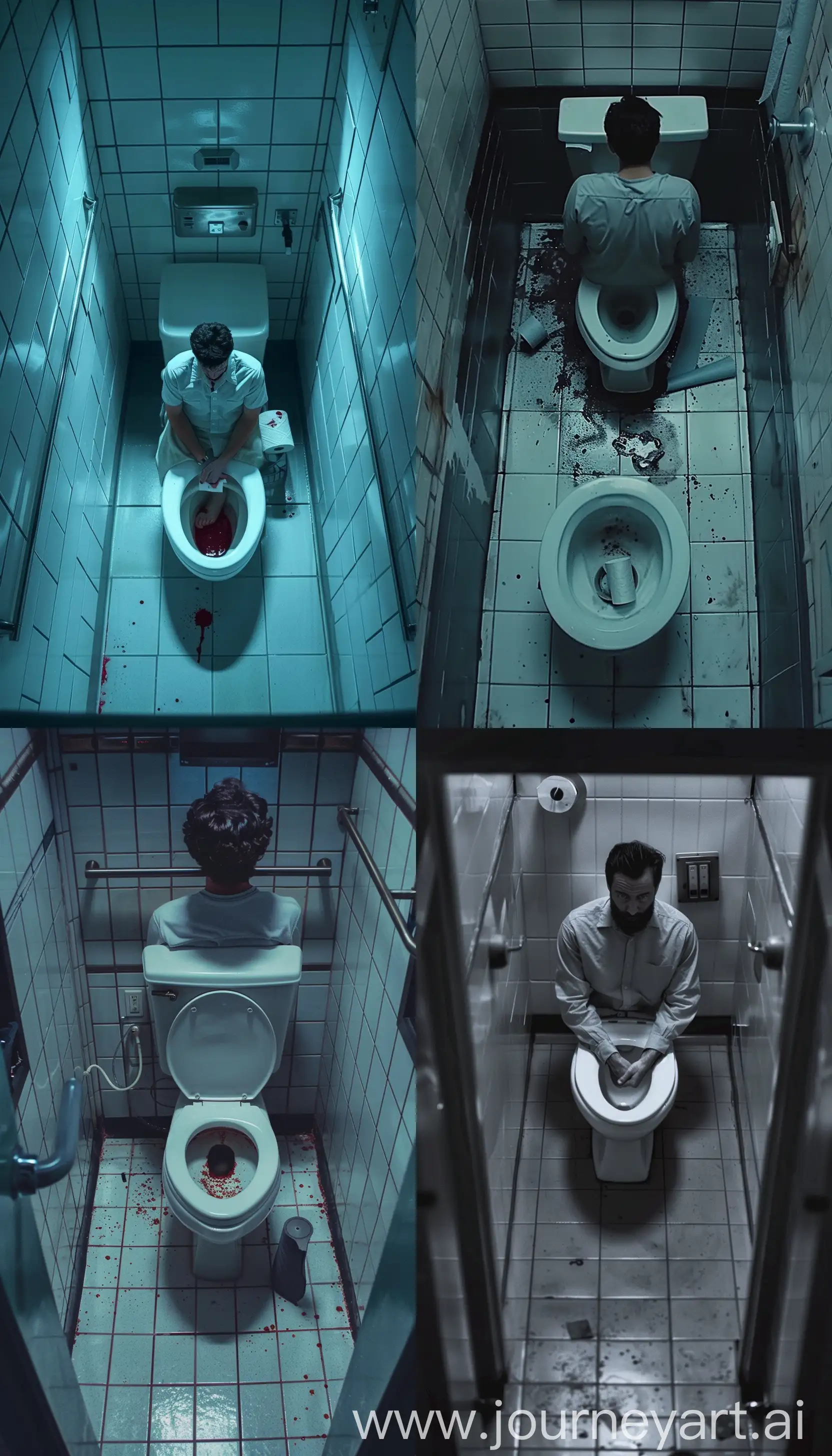 A high-angle view of a toilet with a man sitting in a school restroom realizing he is out of toilet paper, style  90s horror movies, --ar 4:7 --v 6 