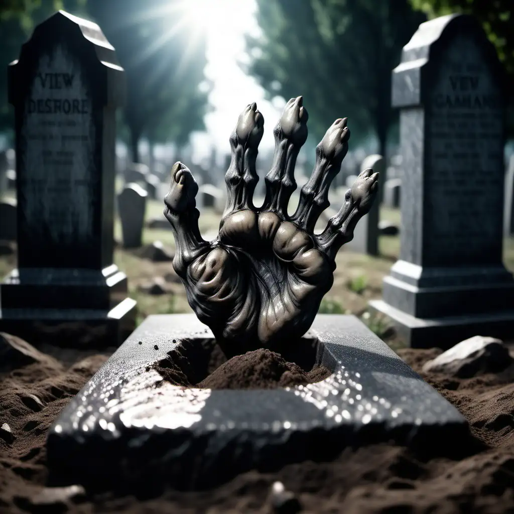 Realistic Dead Paw Emerges from Grave Against Tombstone Backdrop