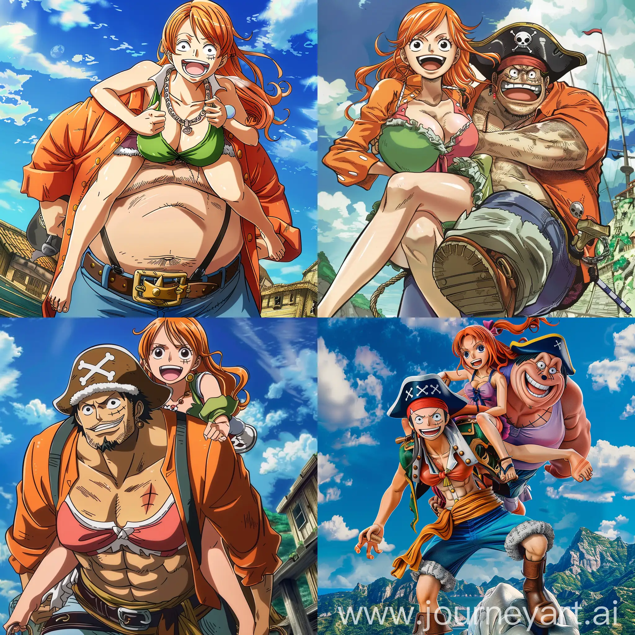 create a pic of Nami post timeskip in one piece getting piggybacked by a fat  pirate