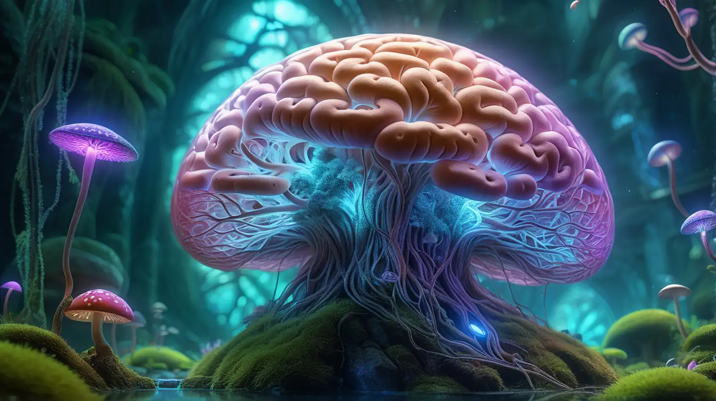 Futuristic BrainShaped Fungi Kingdom Queen in Neon Glow