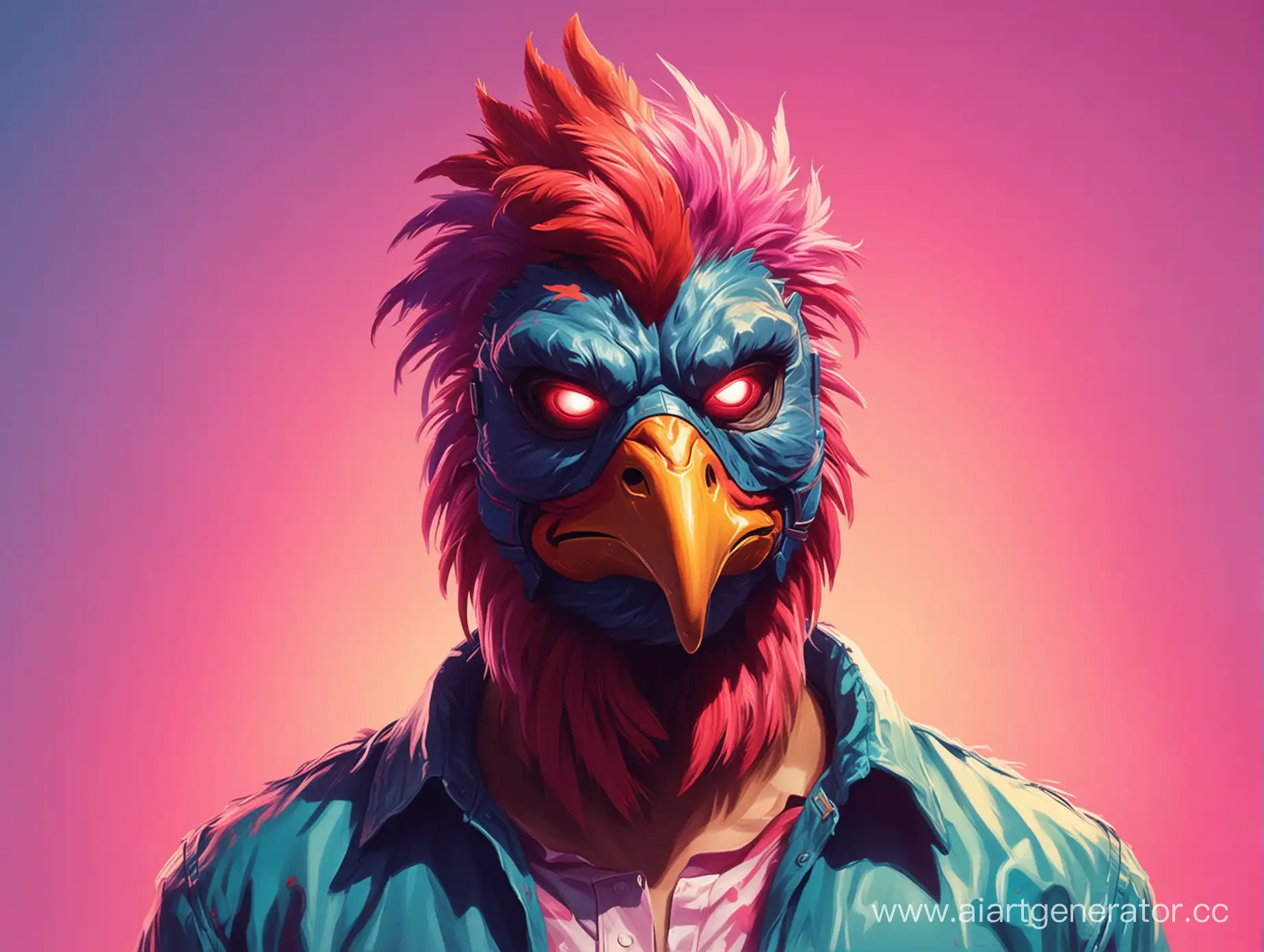 Retro-Rooster-Mask-Assassin-in-Oil-Paint-Style-Against-PinkBlue-Gradient-Background