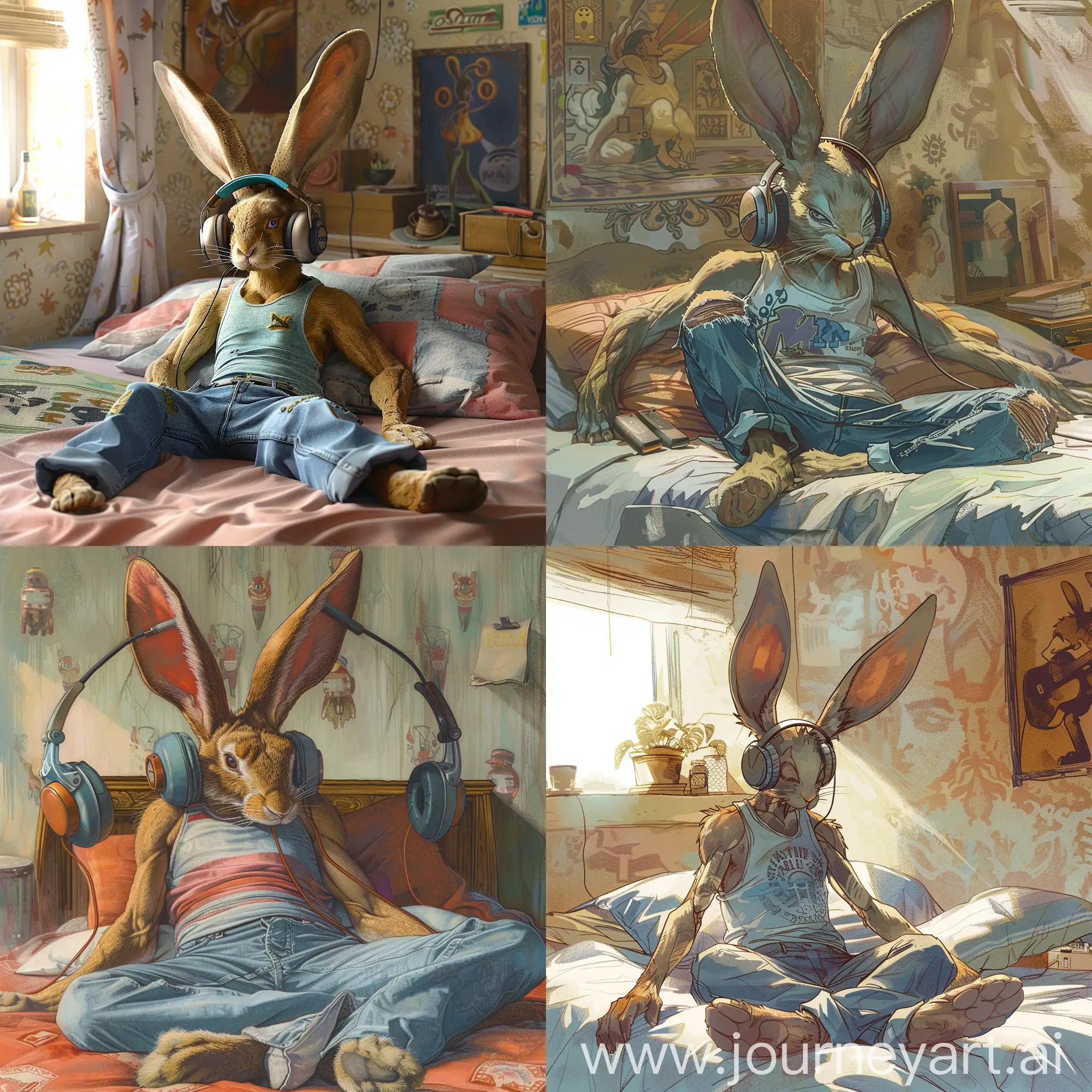 Whimsical-Rabbit-Humanoid-Enjoying-80s-Music-on-Bed