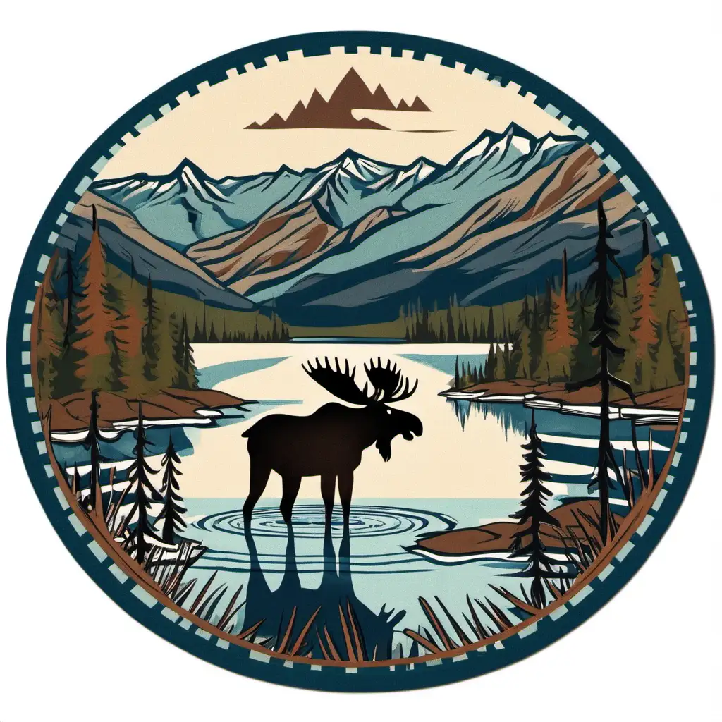 Scenic Lake Landscape with Moose in Water and Mountain Backdrop