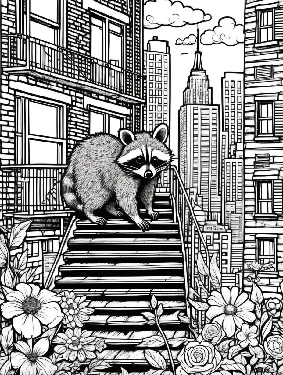 Create a vibrant coloring page depicting a raccoon set against the nocturnal backdrop of New York City. Position the raccoon near a fire escape, amidst a lively assortment of flowers. Ensure a vivid portrayal of the city's nighttime vitality, emphasizing the raccoon's inquisitive nature amidst the urban flora and the industrial features of the fire escape. Please avoid using greys in the coloring to enhance the vibrancy and richness of the scene.