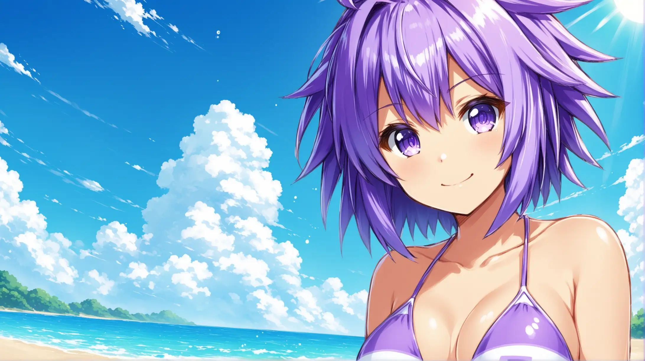 Draw the character Neptune from the Hyperdimension Neptunia series with short hair at the beach alone while she is wearing a swimsuit and smiling at the viewer