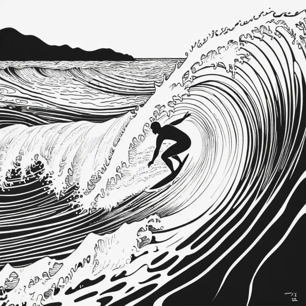 black and white line print japanese water of surfer in the water
