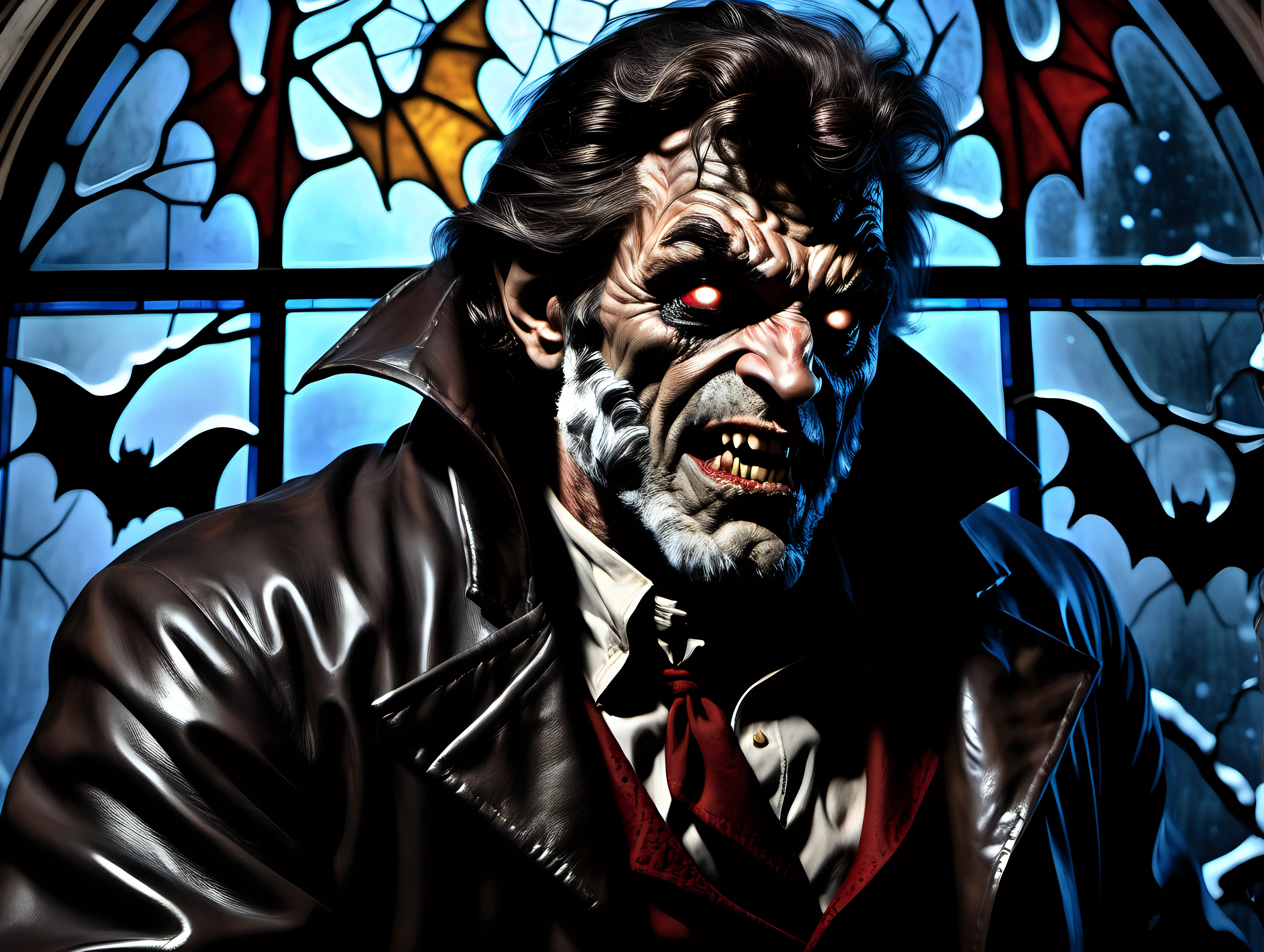 The Wolfman in front of a stained glass window with vampire bats outside in winter Frank Frazetta style in style of photorealism by frank frazetta, action photography, extremely detailed, awesome, extreme close-up shot