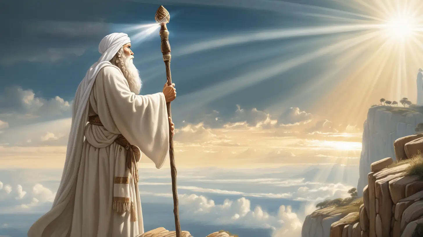 Majestic Biblical Prophet Gazing Skyward with Staff atop Cliff
