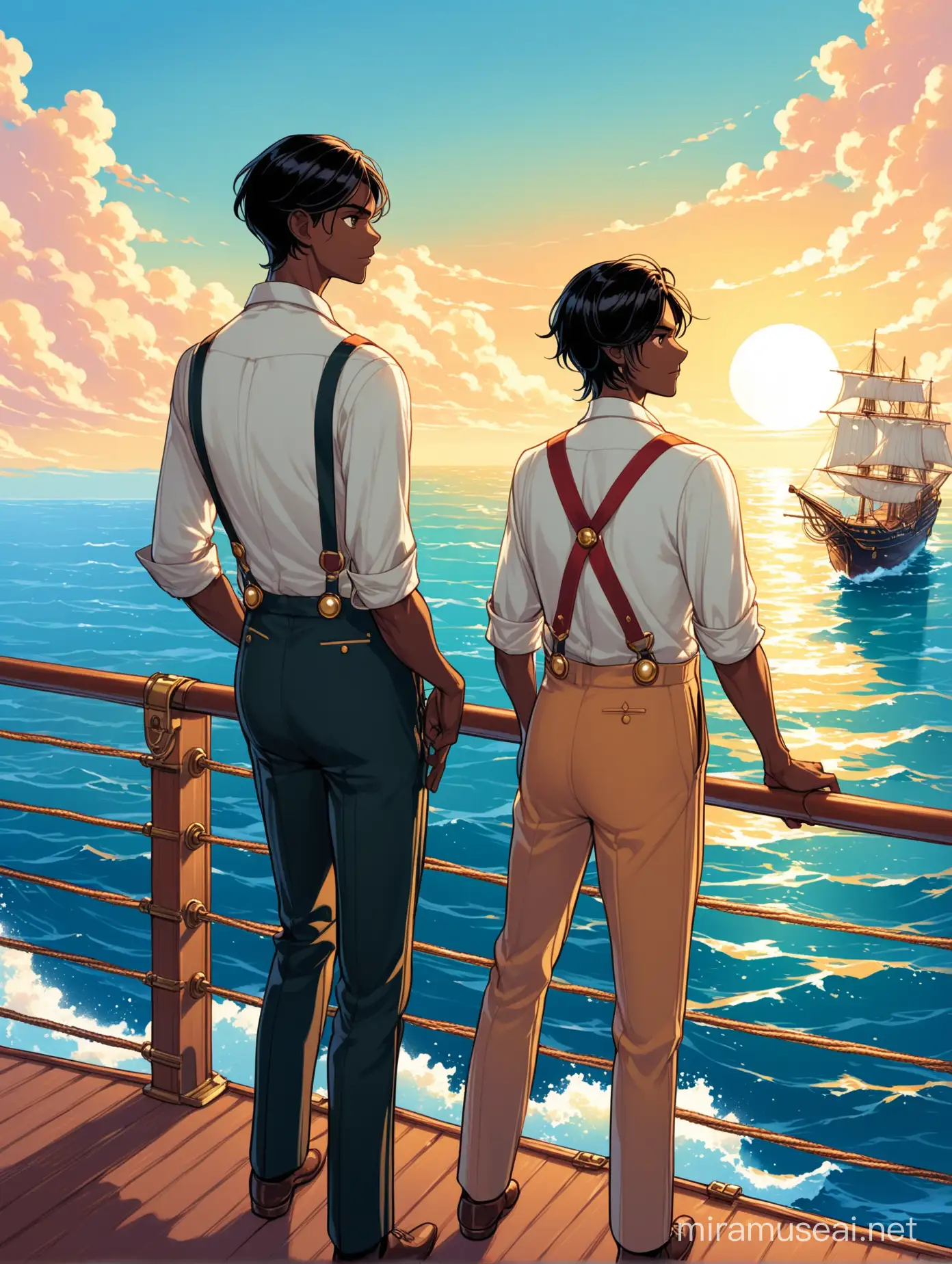 Jesper has light-dark skin and short dark hair. He is thin, lanky and very tall. He has pearl-handled revolvers. He is dressed in a bright outfit: shirt, trousers with suspenders. He stands with his back to us, holding the rail of a ship sailing on the sea, and looks at another ship.