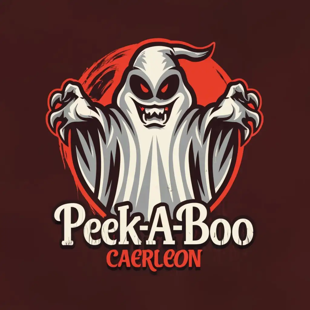 a logo design,with the text PEEK-A-BOO Caerleon, main symbol:Evil white ghost with red eyes and mouth. Scary with hands above head. Text PEEK-A-BOO above logo. Caerleon small underneath logo, clear background