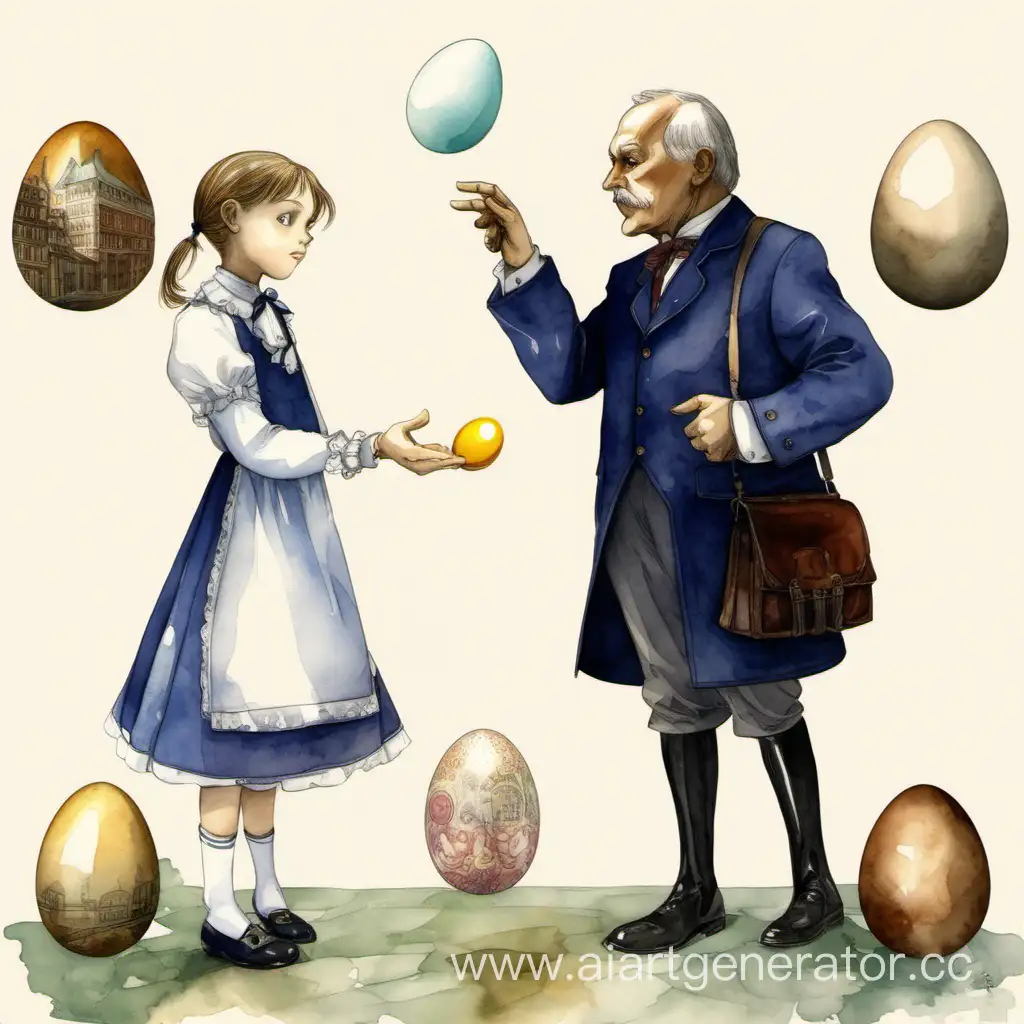 Karl-Faberg-Reaching-for-Perfect-Egg-with-Schoolgirl-in-Watercolor-Scene