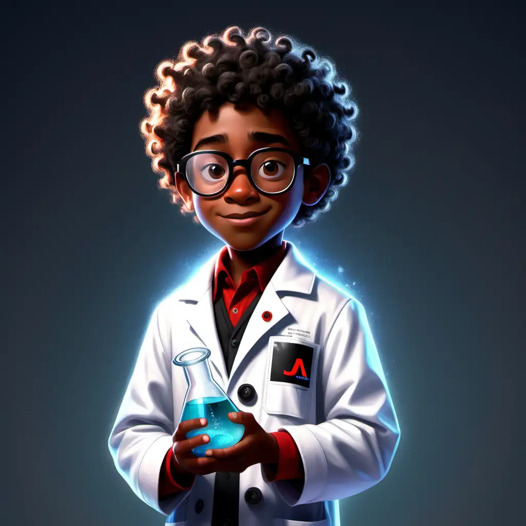 Pixar style young black boy with curly hair, glasses, red and black jordans, wearing a science lab coat, holding a beaker