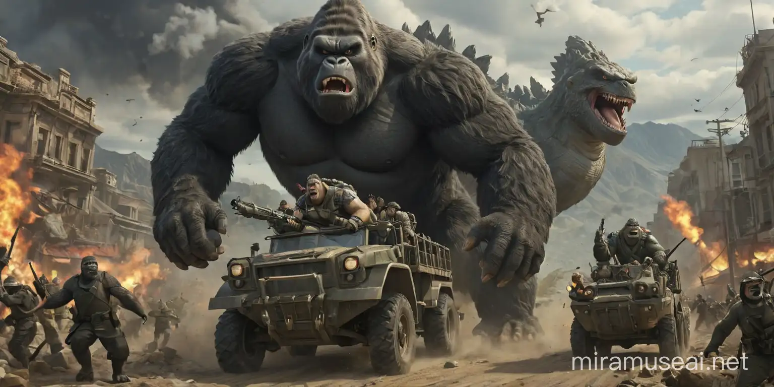 King kong and Godzilla riding a bandwagon heading through a warzone