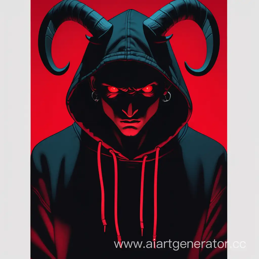Mysterious-Horned-Figure-in-Hoodie-and-Cap-on-Red-Background