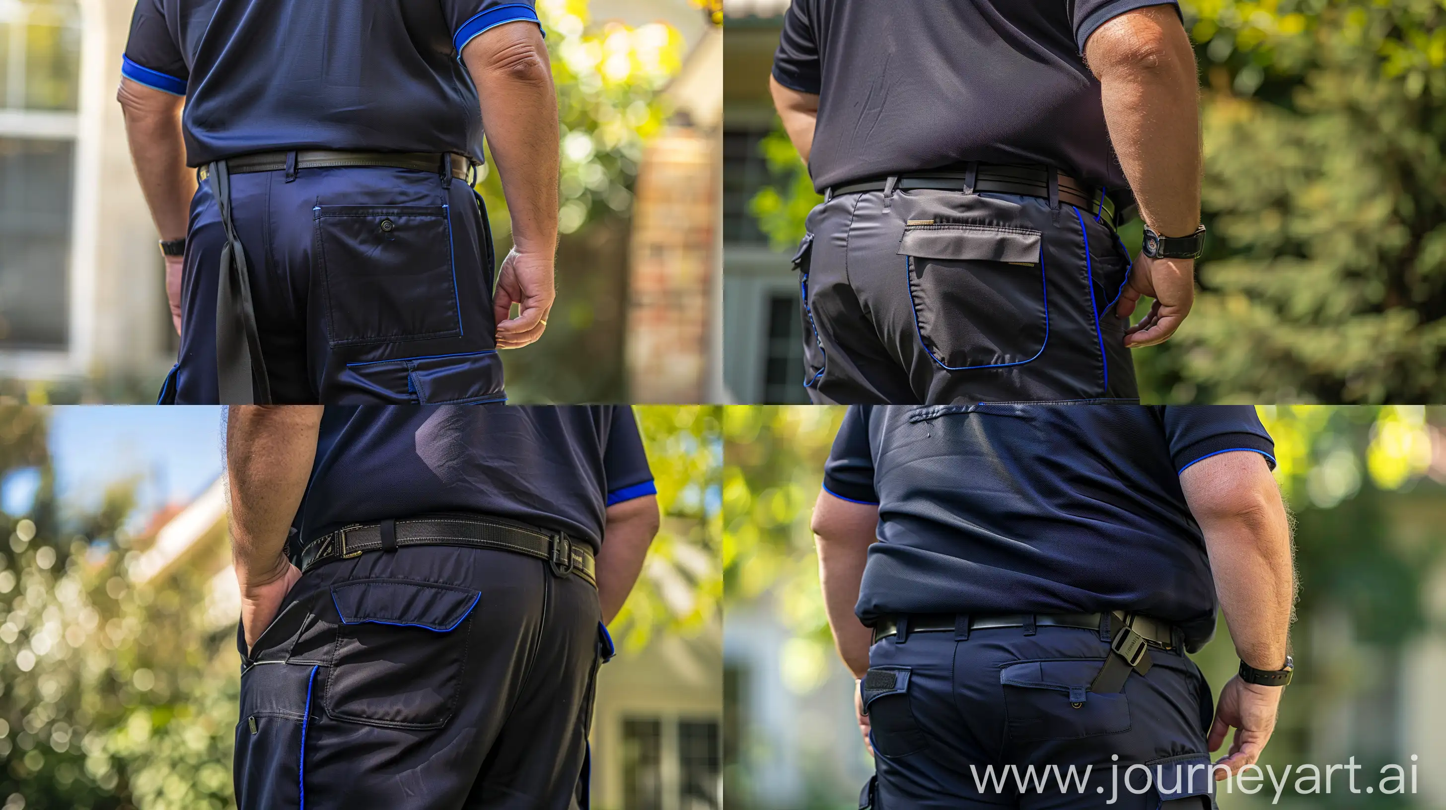 Back view close-up photo of a fat man aged 60 wearing silk navy cargo pants with a royal blue edging on the side of the leg and a tucked in silk navy sport polo shirt . Heavy black tactical belt. Outside. Natural light. --ar 16:9