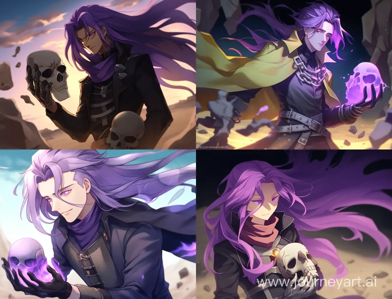 Man, pale purple skin, purple eyes, long hair, purple hair, tousled hair, leather coat, skull in hands, sand magic
