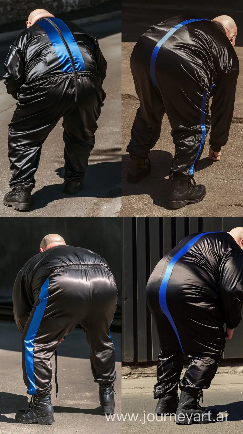 Back view fashion photo of a chubby man aged 70 wearing a silky black tracksuit wtih a royal blue vertical stripe. Black Hiking Boots. He is bending over. Direct Sunlight on his behind. Bald. Clean Shaven. Outside. --style raw --ar 9:16 --v 6
