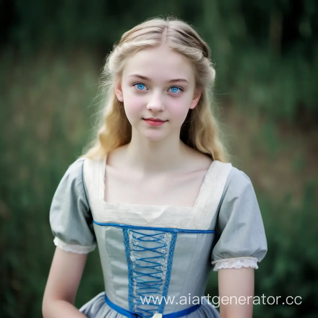 стройная, изящная девушка со светлыми волосами и голубыми глазами,16 летняя , 19 век , одета в платье , простодушный взгляд,веселая