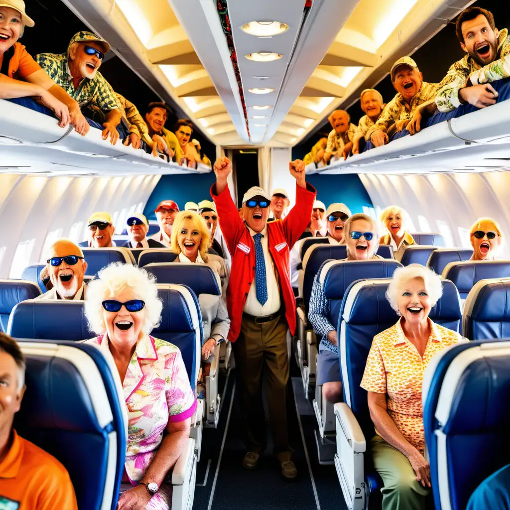 A picture of inside a commercial airplane loaded with both men and women of all different ages dressed in fishing attire and everyones super excited .
