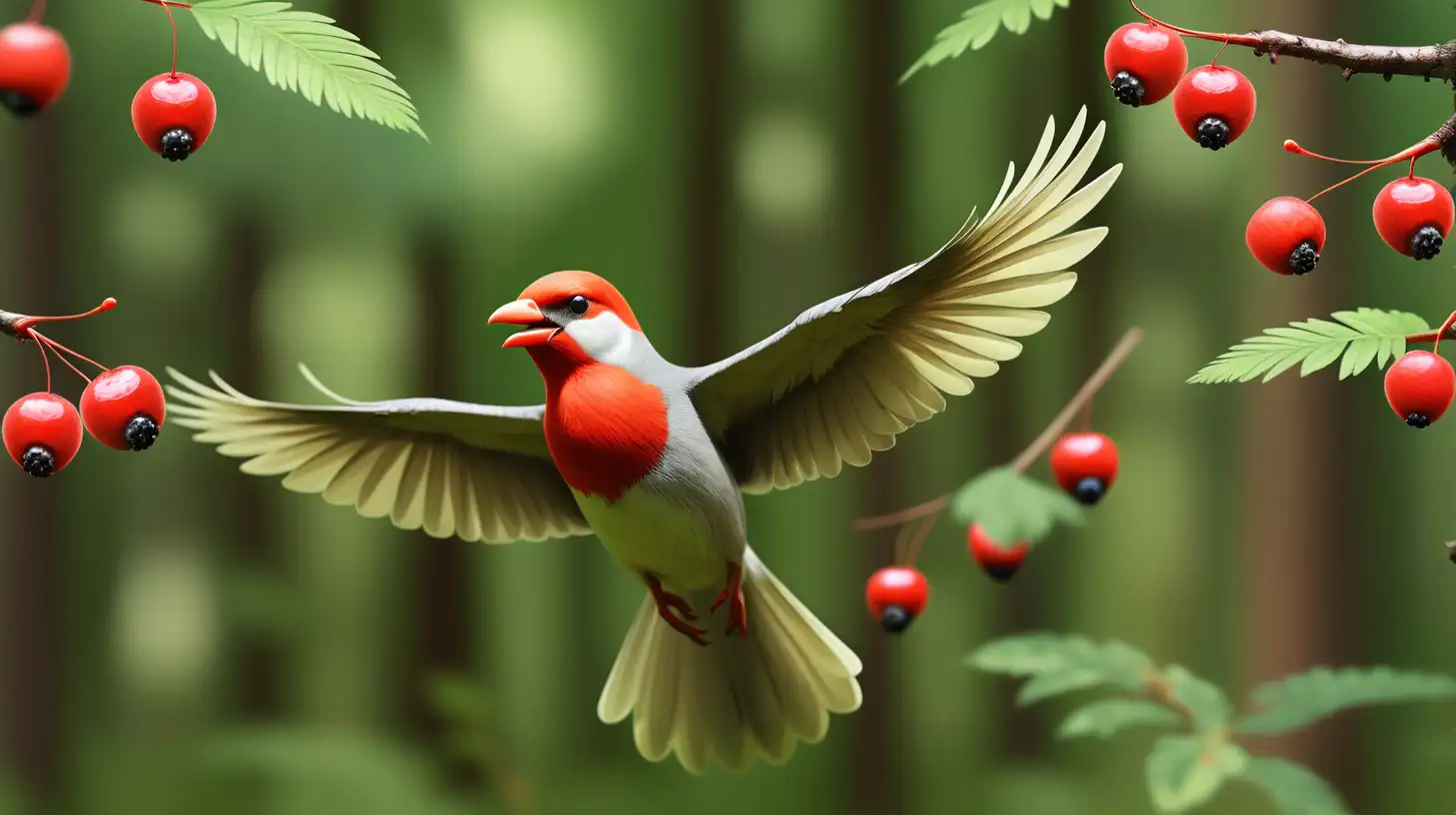В  этом летнем  лесу много  разных  лесных птиц летает с красной ягодой в своем клюве
