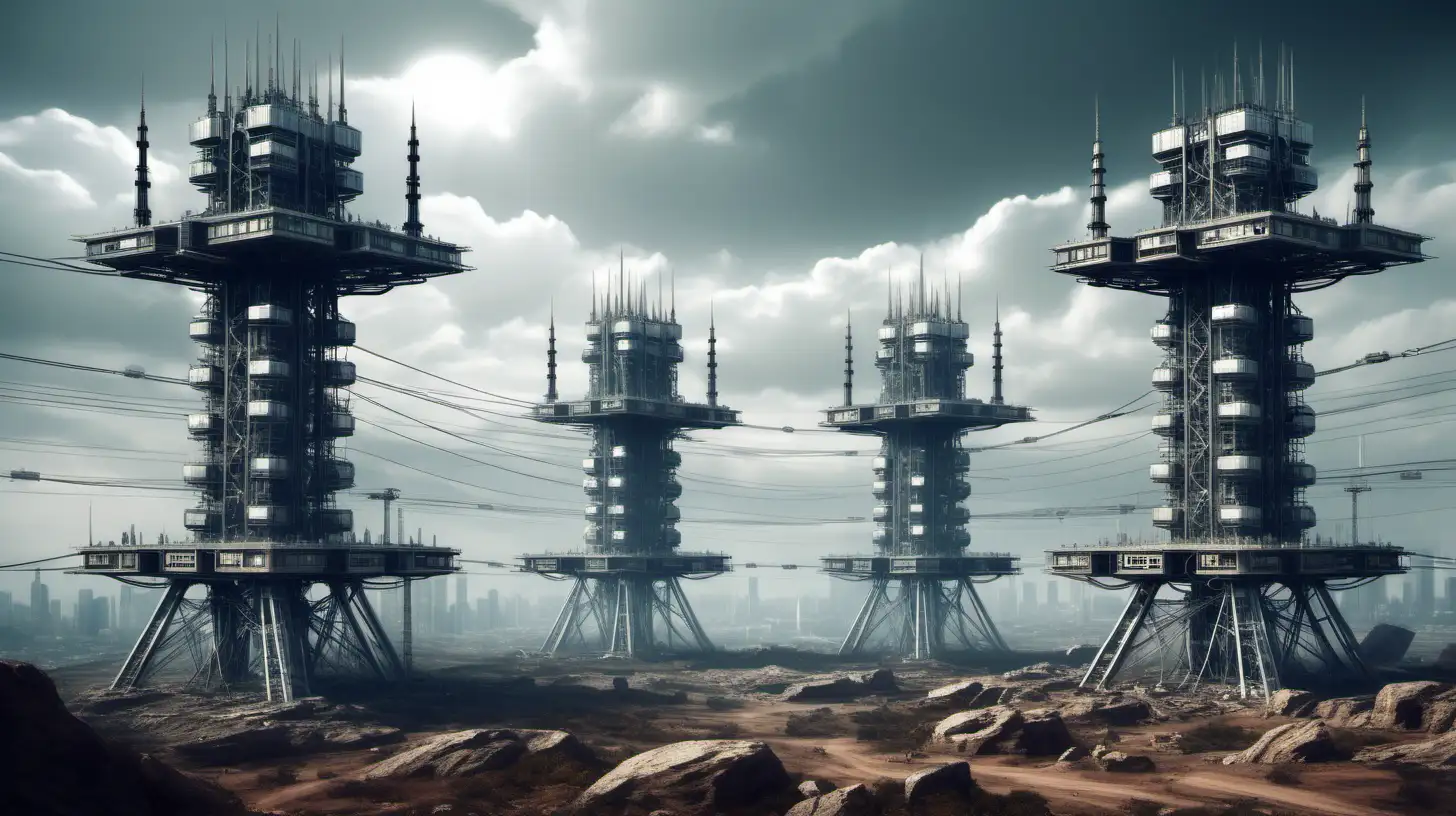 settlement built on twin transmission towers, sci-fi