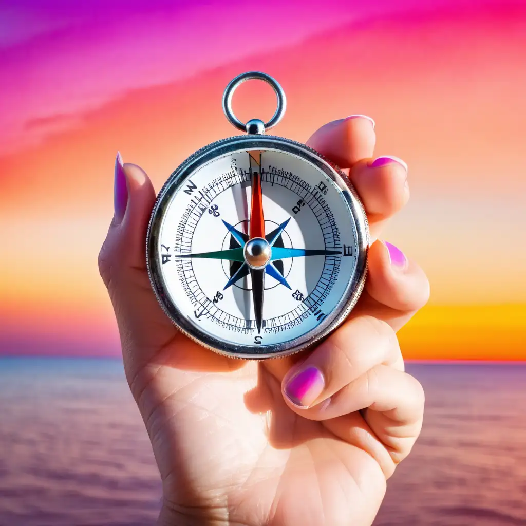 Female hand holding a compass against a colorful horizon