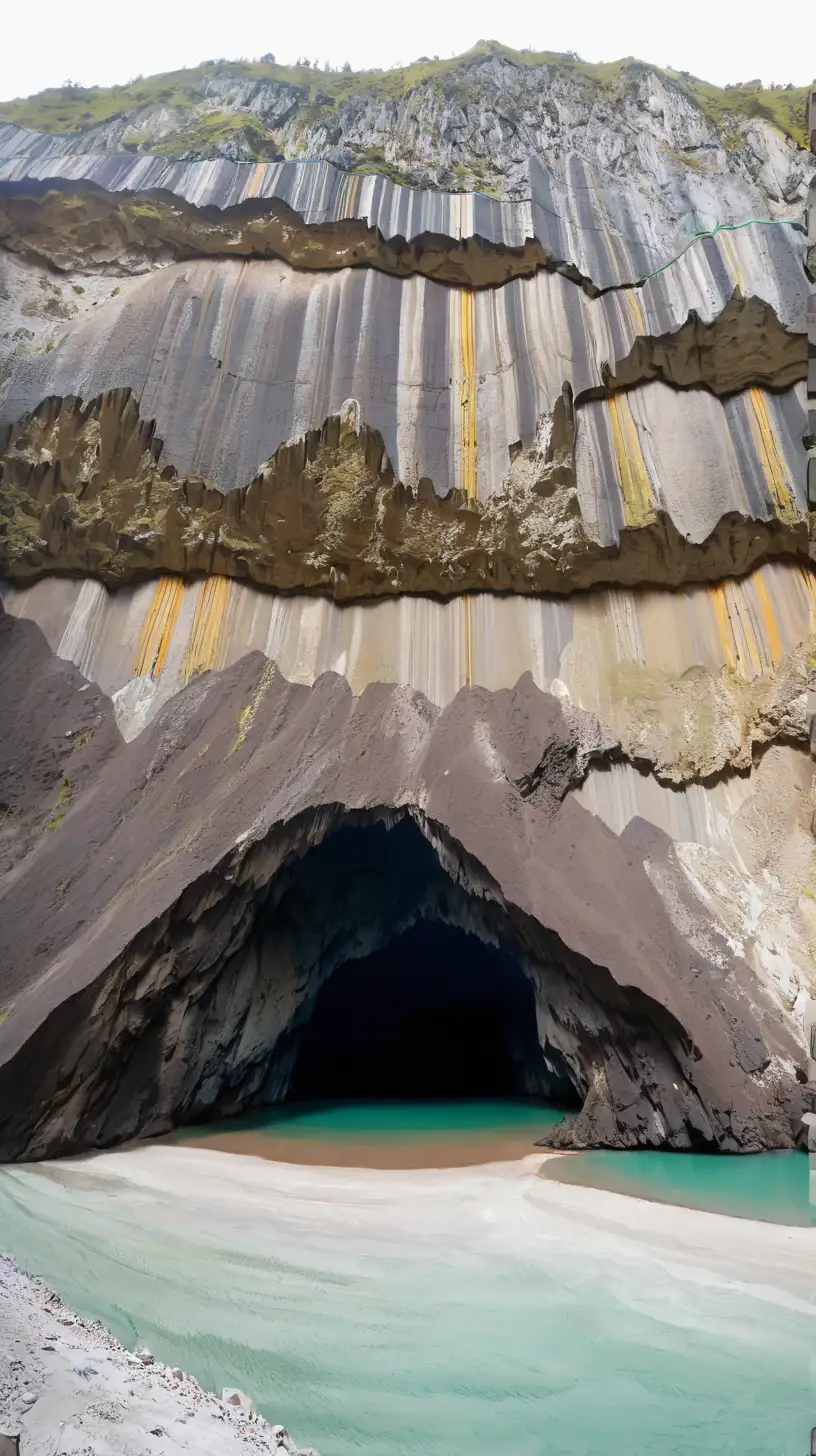 Cartoony color.  Very wide shot of the mouth of a cave and the bottom of a large mountain