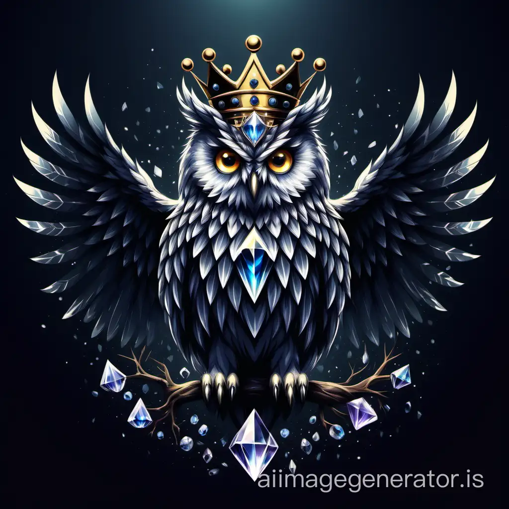 owl vector graphics, fantasy, crystal, crown, wings, dark tones, HD