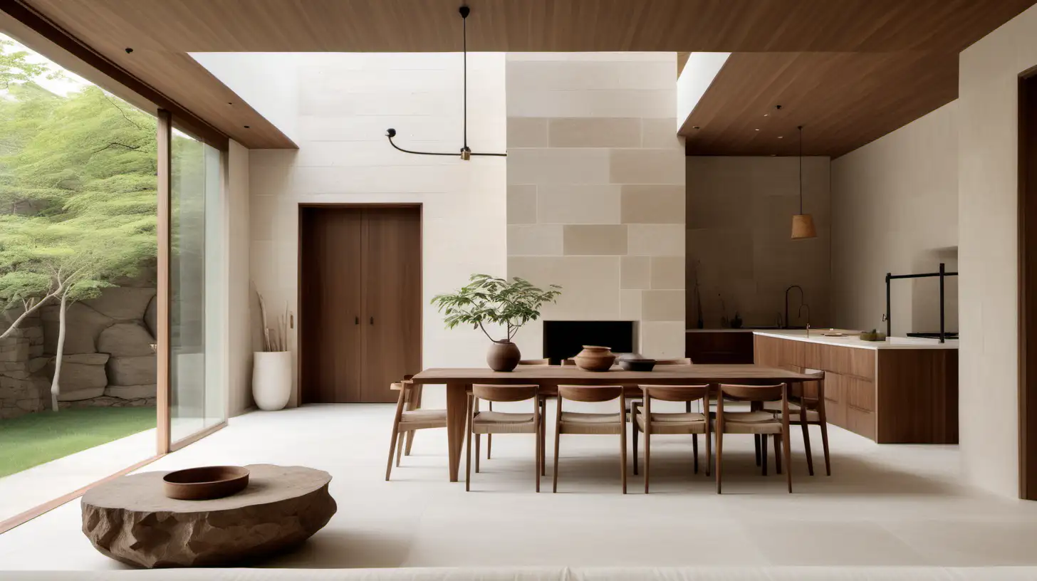 Spacious Japandi Home Interior in Walnut Wood and Raw White Limestone