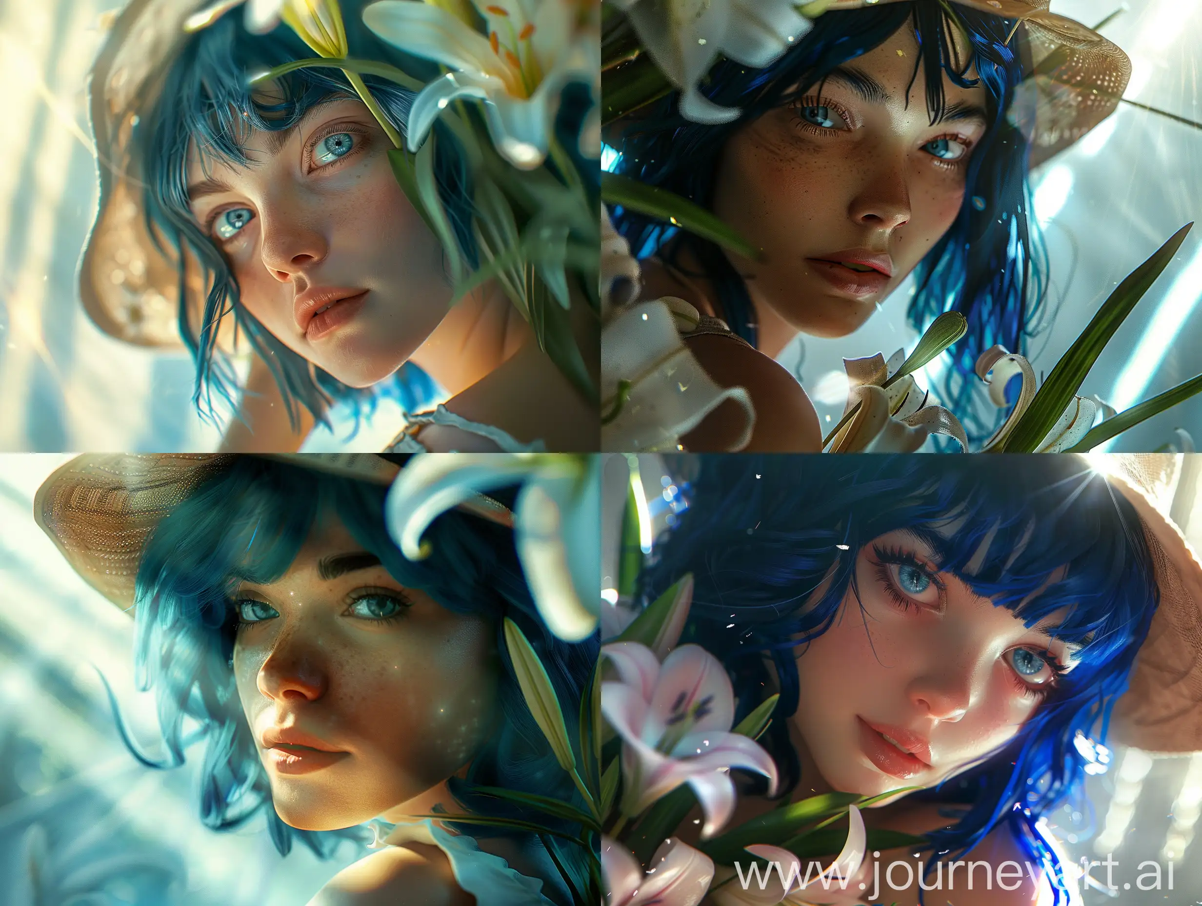 Surreal-Portrait-of-a-Girl-with-Blue-Hair-Holding-a-Bouquet-of-Lilies