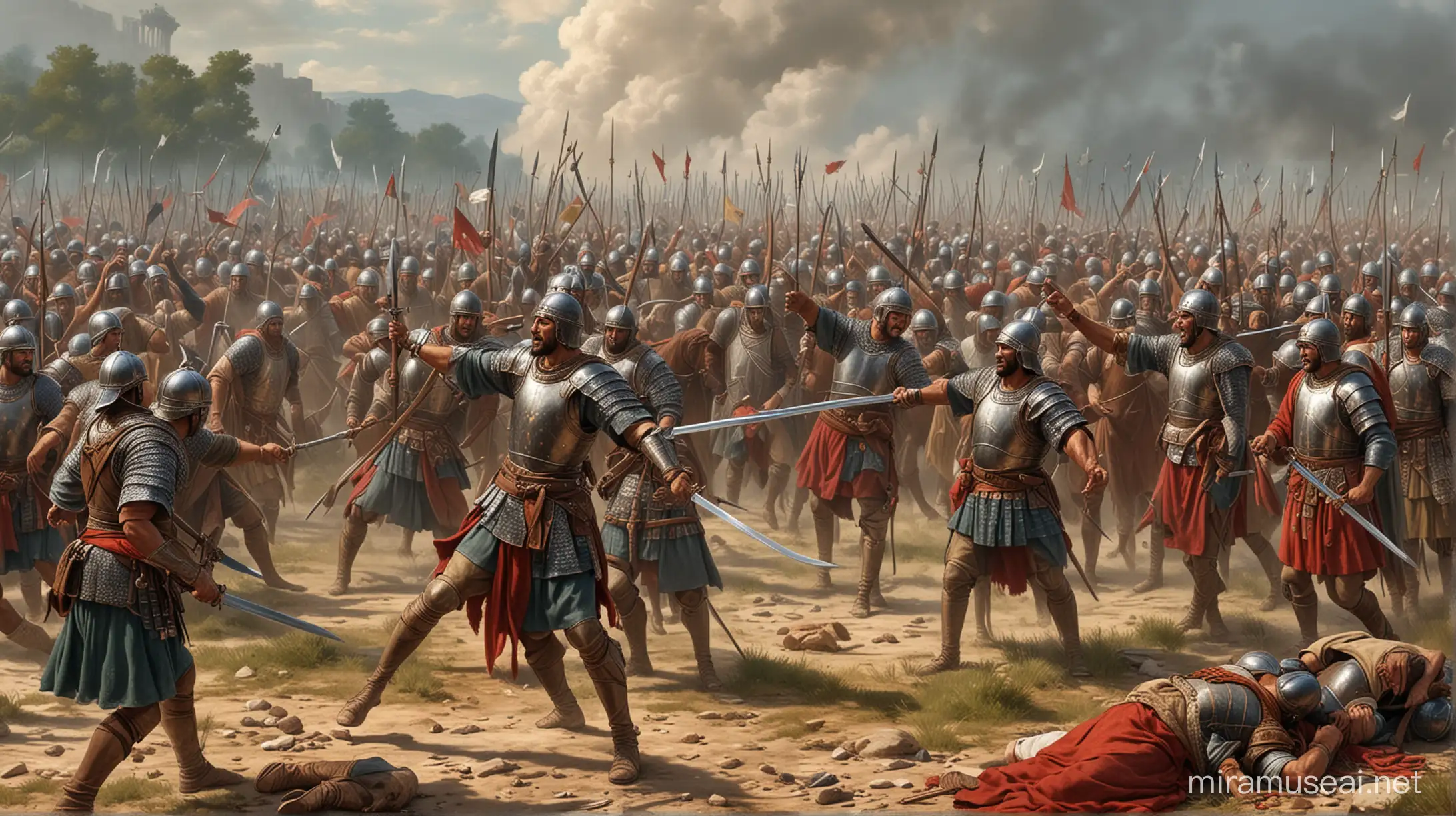 Muslim Soldiers Defeating Eastern Roman King in Battle