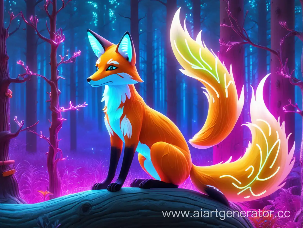 Vibrant-Neon-Fox-Rests-on-Luminescent-Tree-in-Enchanted-Forest