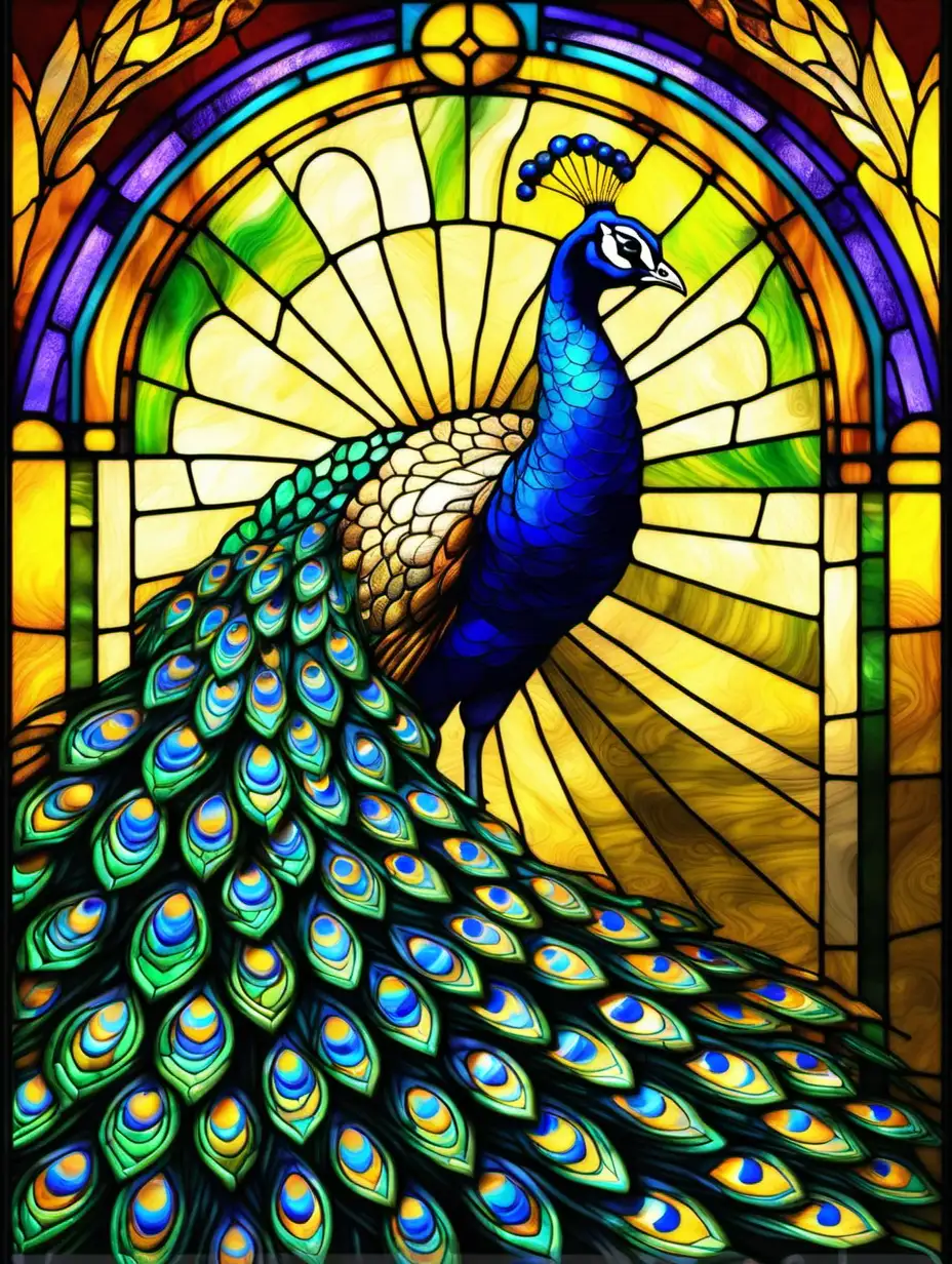 Colorful Peacock in Stained Glass Art Vibrant Avian Beauty Against a Luminous Backdrop