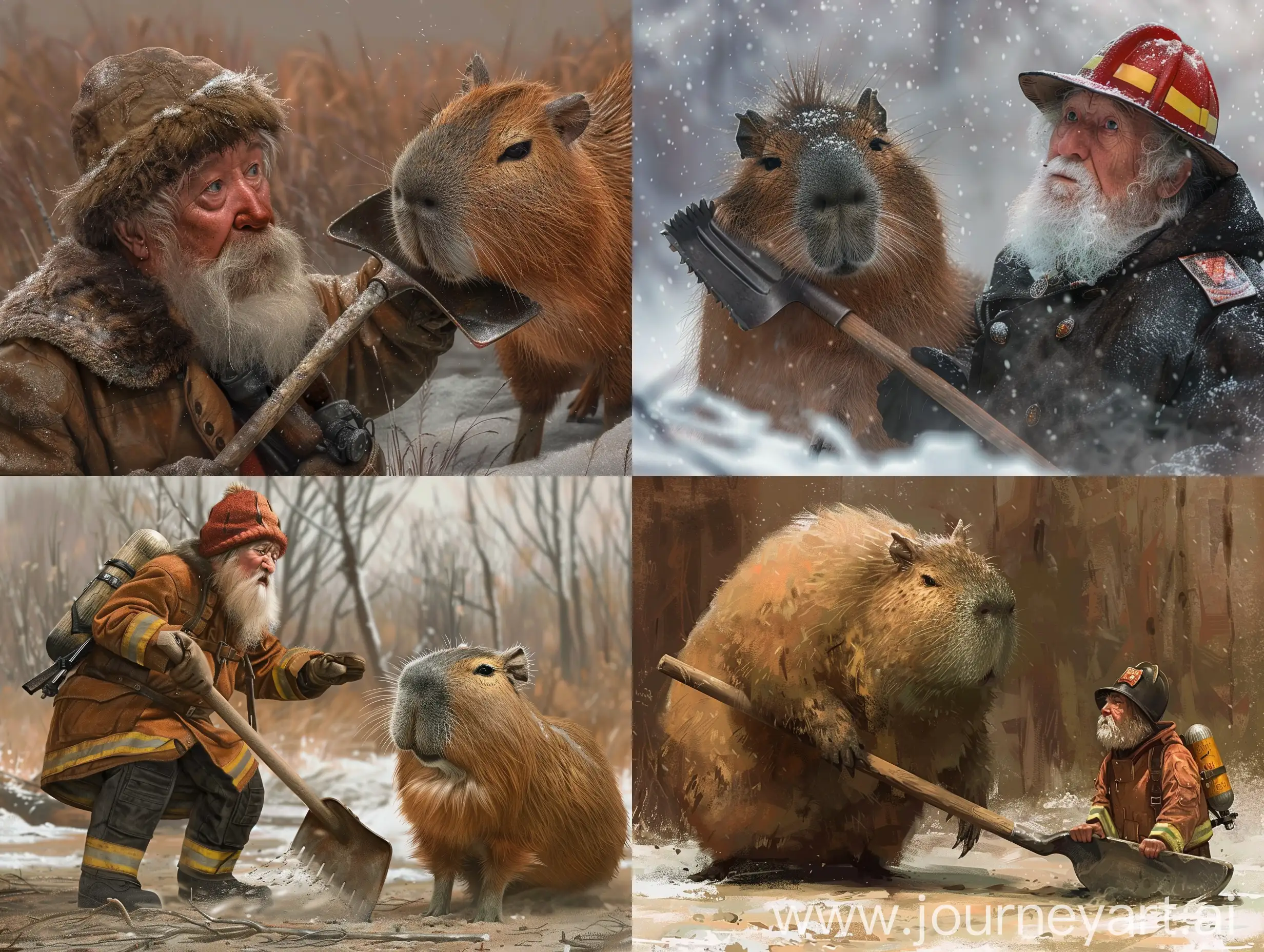 Elderly-Man-in-Ushanka-Emerges-with-Firemans-Shovel-from-Capybara-Realistic-Portrait
