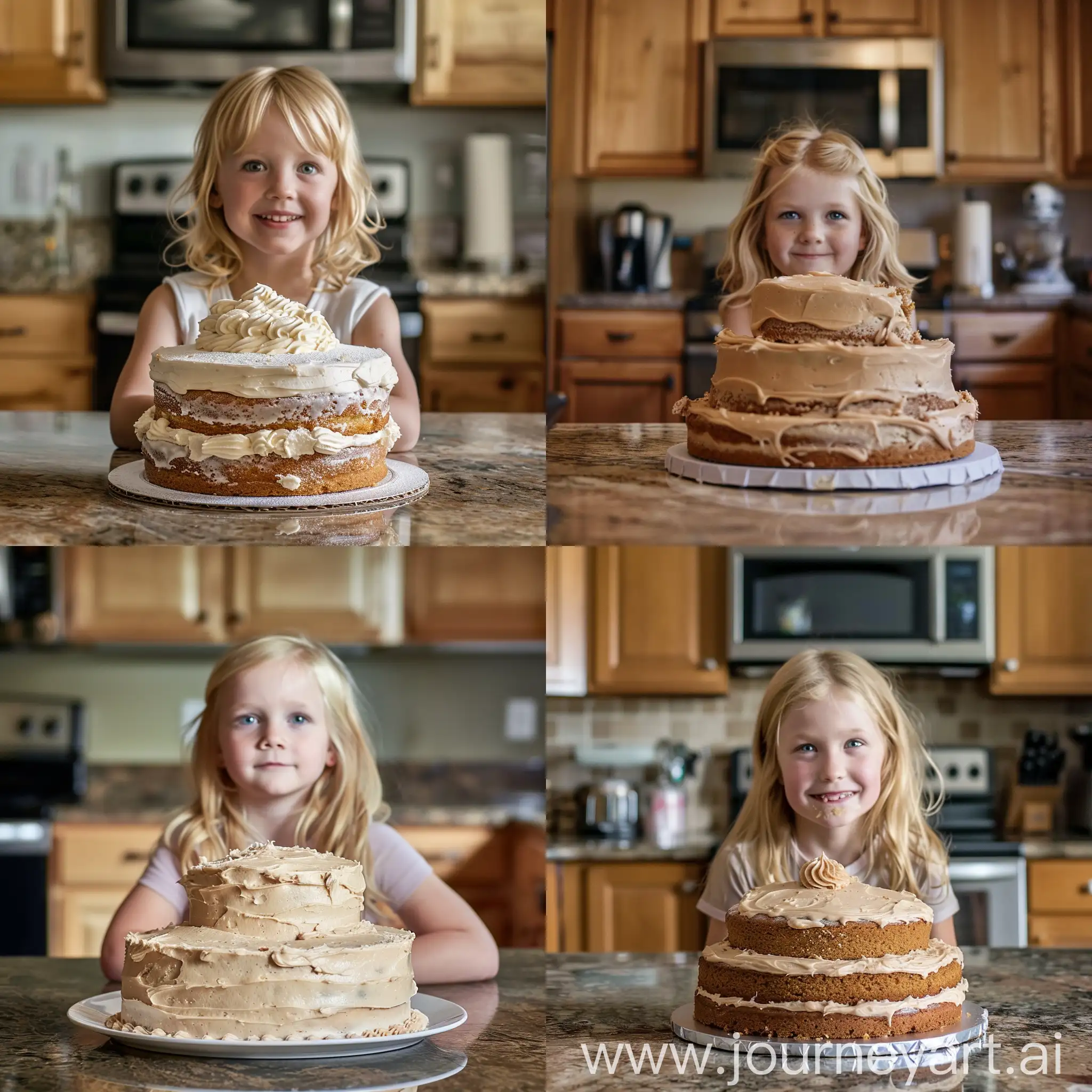 photograph of a 7-year old blonde girl sitting behind a two layered cake with frosting on it in a kitchen