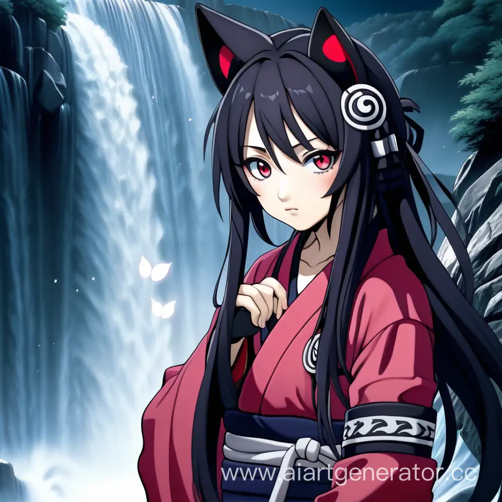 взрослая аниме девушка ниндзя с длинными темными волосами и кошачьими ушами глазами типа шаринган на фоне водопада при свете луны