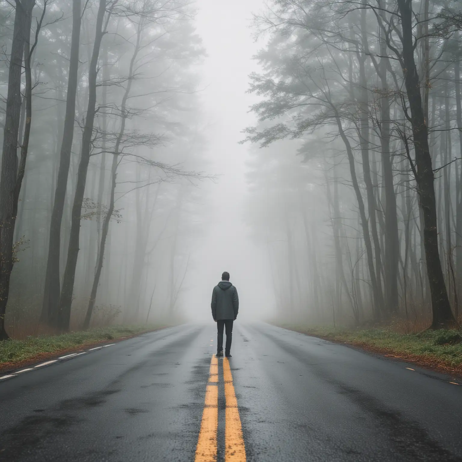 A man standing in the middle of the road, on a foggy morning in the woods