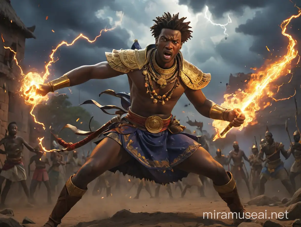 African prince Nnanna in a fierce battle with fire and lightning against the evil sorcerer 