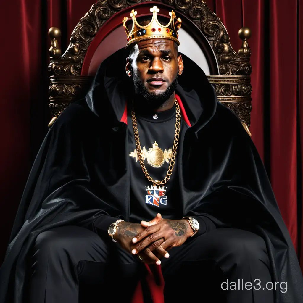 lebron james sitting on a throne wearing a kings cloack and a crown