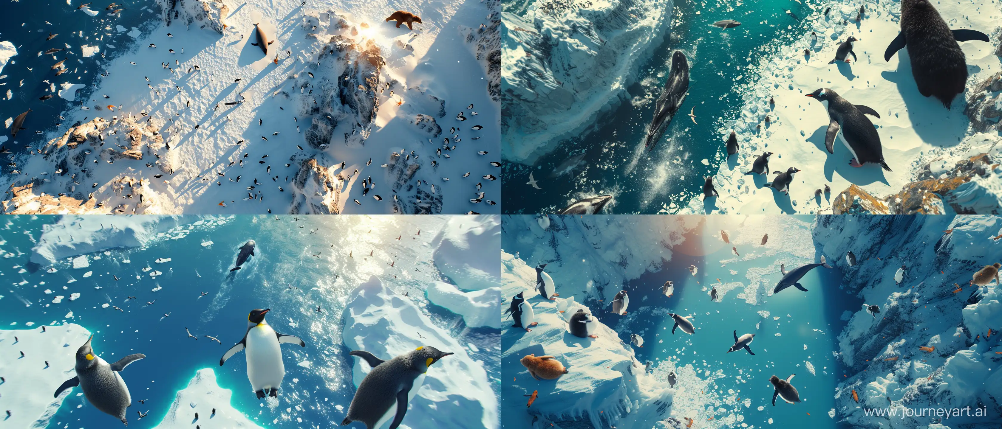 
A top-down aerial view of Antarctica with penguins, bears and whales; sunny day; using all the graphic, lighting, design and scenery techniques of the most hyper-realistic and current animations of the last generation; Ray tracing at an absurd and exaggerated level; 32k; absurd details; advanced mirroring techniques; better CGI; advanced blurring techniques in some specific points; advanced lighting techniques; cinematic style; all parts of the image must be in as much absurd detail as possible with 32k detailed quality; --ar 21:9 --v 6.0