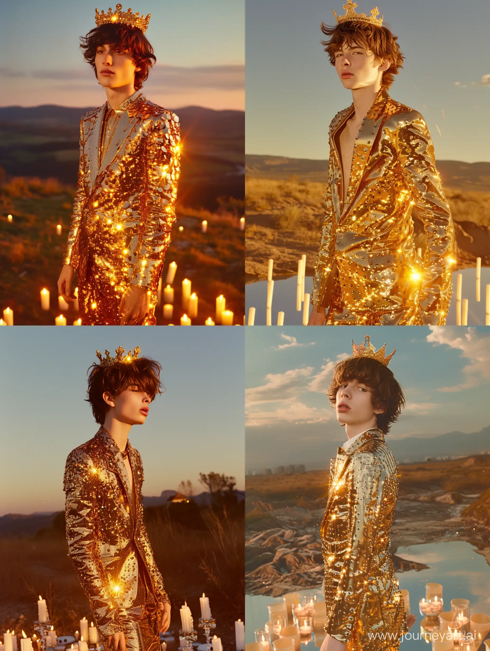 a photo of a young brown-haired guy in a golden shiny couture suit, which mirrors the landscape and sky, a golden crown, candles on the ground reflecting the warmth on his face.