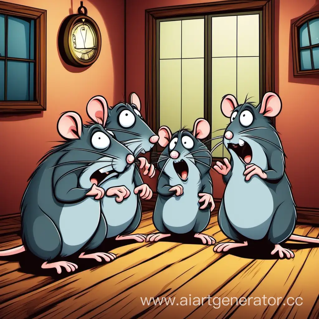 cartoon family of four rats talking and scared in a house