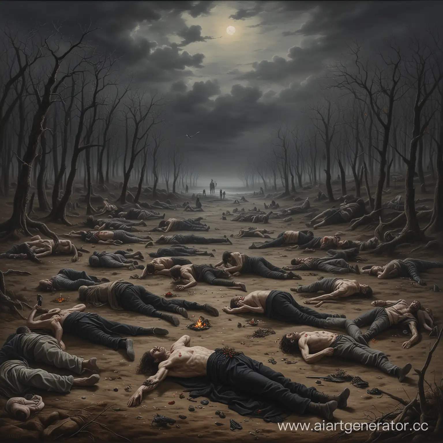 An oil painting depicting a holiday that ended unexpectedly and with deaths. There are bodies lying on the ground, and in the middle there is a figure that is going to die. Everything is executed in dark and gloomy tones.