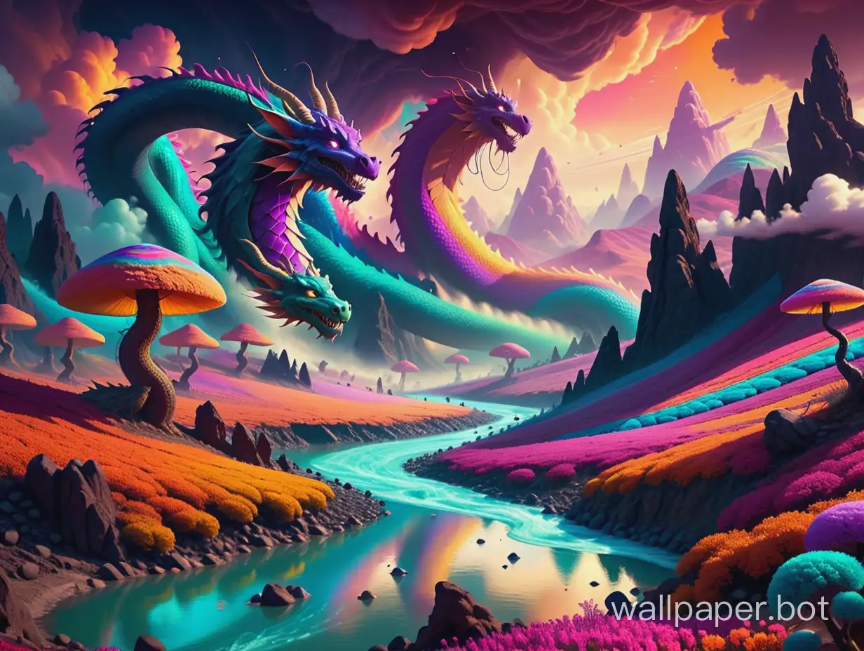 Psychedelic river of storms. Magic mountains. Opium dream. Acid trip. Fractal patterns. Dragons, unicorns, nude fairies, trolls.
