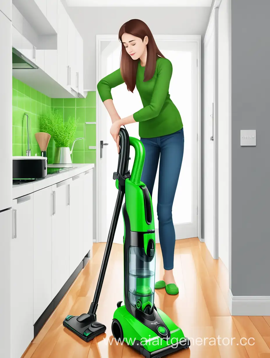  женщина убирается дома с помощью вертикального длинного зеленого пылесоса