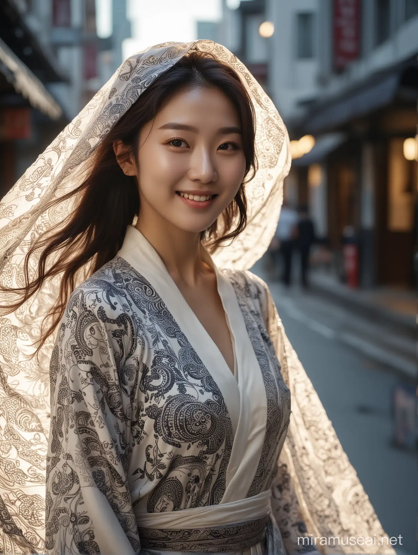 The beautiful young korean woman is draped in flowing, intricate patterned, eye level, standing, smilling face, deep focus, on the street, dynamic pose, cinematic lighting, full body