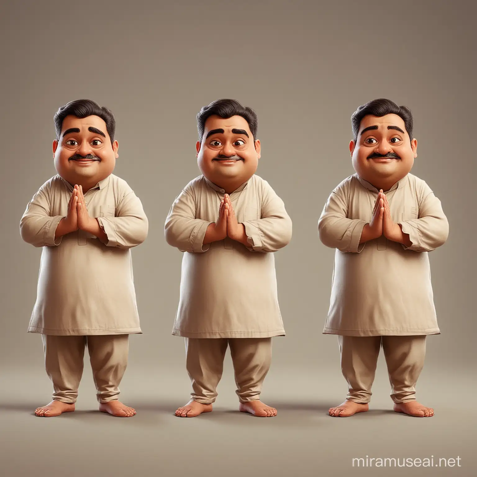 create the caricature of a little fatty men standing with folding hands in kurta payajma 