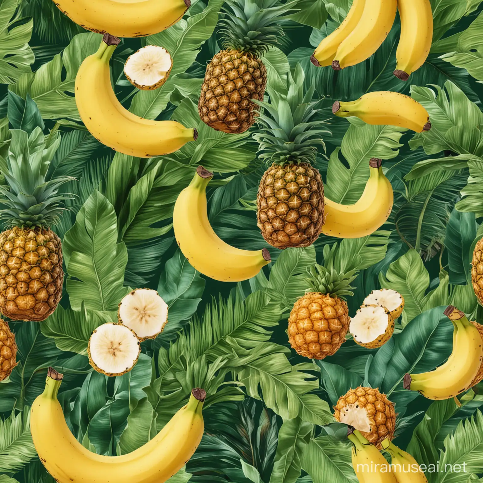 Bananas and pineapples and leaves